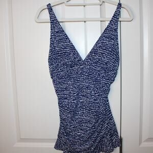 LA BLANCA Ruffle Slimming Swimsuit Ruched One Piece Dress Blue Floral | 8